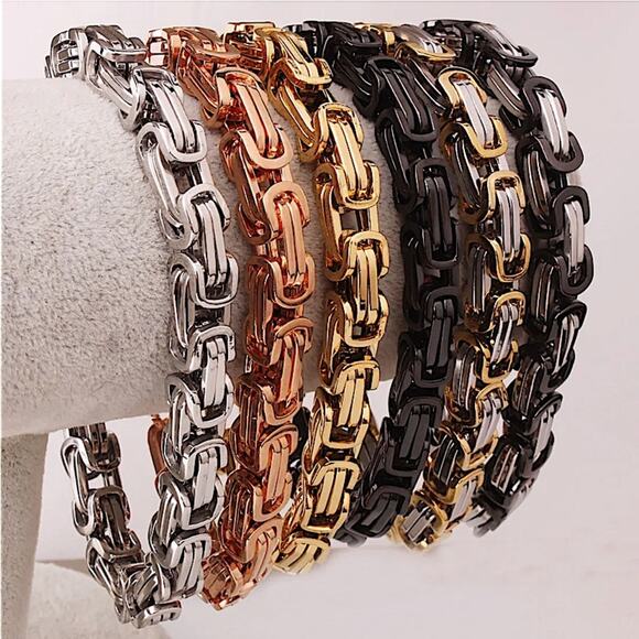 STAINLESS STEEL GOLD BYZANTINE MECHANIC SILVER BLACK BIKER BRACELET - Picture 2 of 8